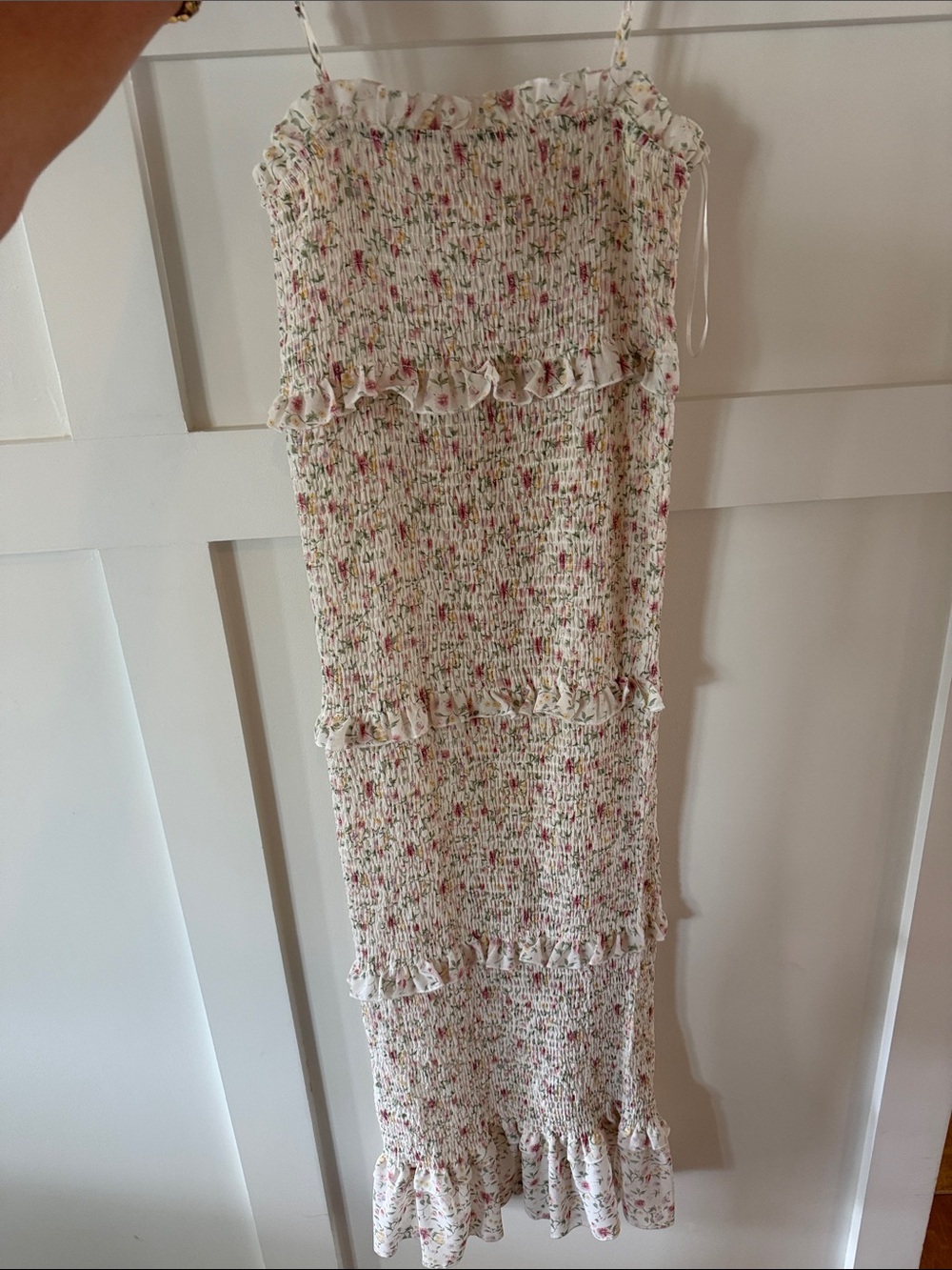 MABLE smocked tiered midi White Floral Spaghetti-Strap Dress pinkblush